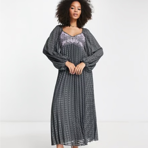 ASOS DESIGN embroidered bust pleated midi dress long sleeve in dark grey 26 - Picture 2 of 14